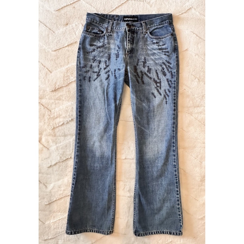 VTG Express Women's Jeans Sz 7 / 8 Denim Bronze Beads Mid Rise Bootcut Jeans Y2K - Picture 8 of 16